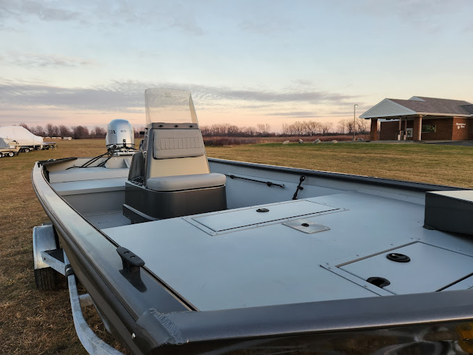 Interior of Terry's Marine service facility with boats